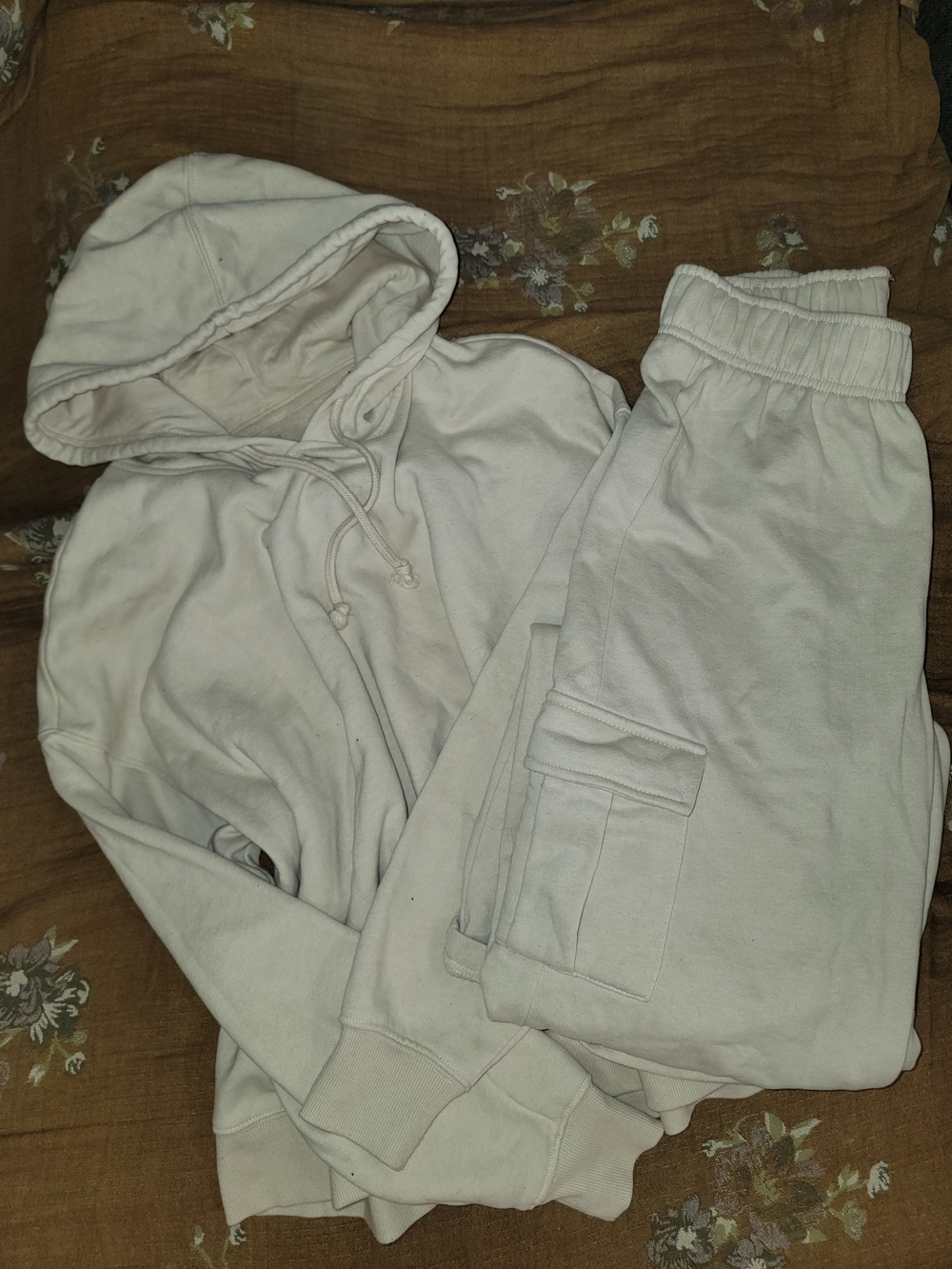 Neutral Beige Creme Hoodie and Cargo Sweatpants Set